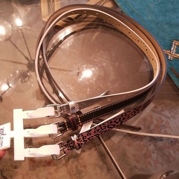 Girls 3 Belt Set Pink Leopard, Black multicolor stitch, & Metallic Silver NWT XL - Picture 8 of 9